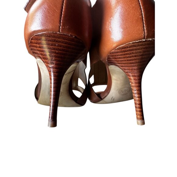 Michael by Michael Kors Womens 7.5M Anya Brown Leather Zipper Buckle Strap Heels - Picture 12 of 13